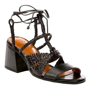 H by HALSTON Piper Leather Basketweave Wrap Sandals-Black -8.5M